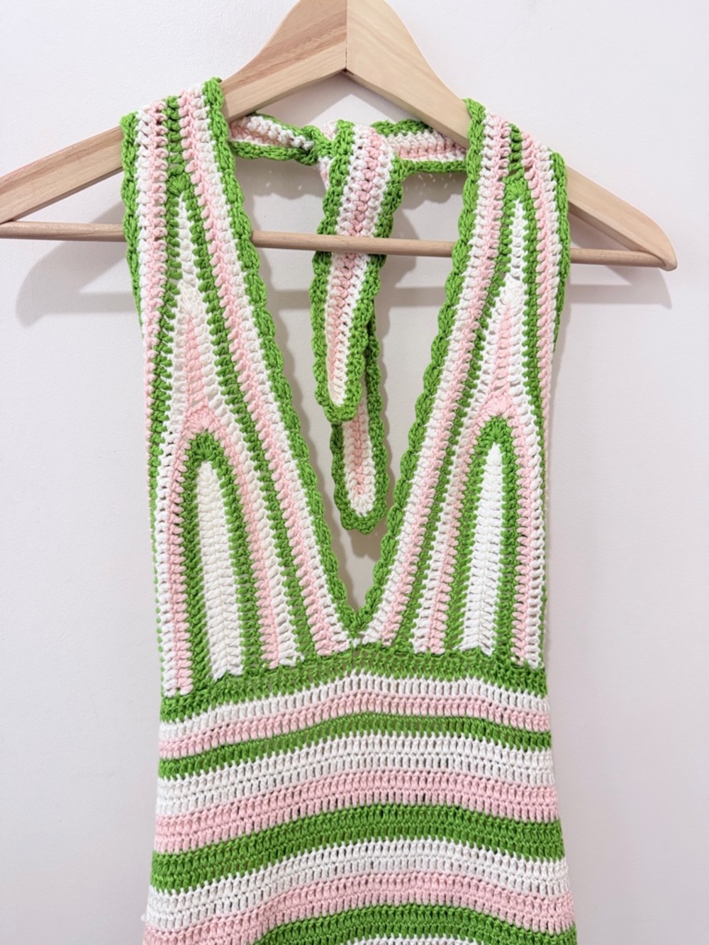 Crochet Knit Mini Dress Grandmacore Festival Granny Square  Halter Striped 8 - Picture 6 of 9